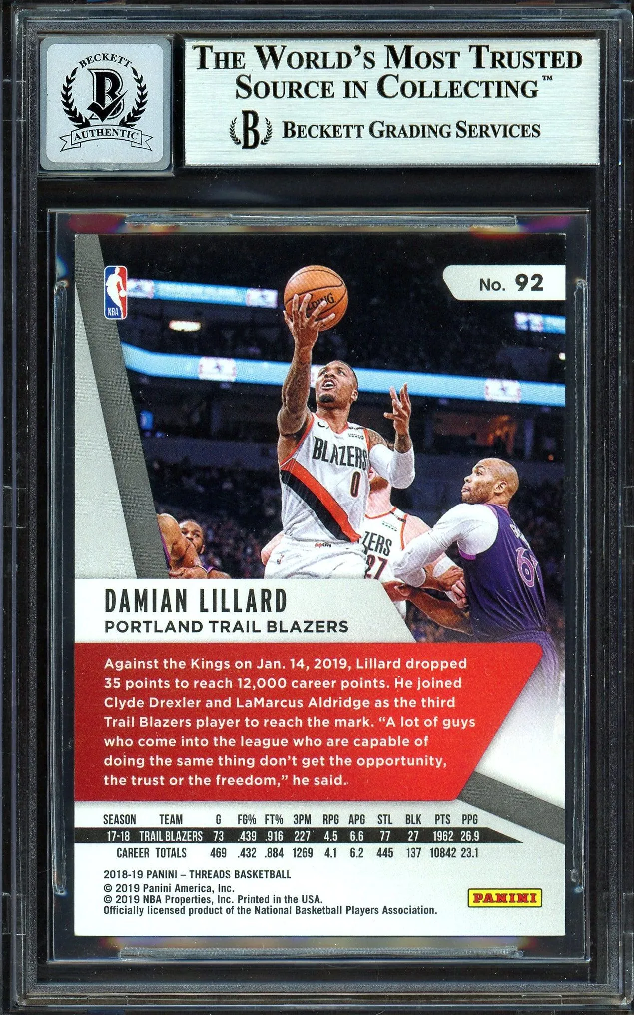 Damian Lillard Autographed 2018-19 Panini Threads Card #92 Portland Trail Blazers Auto Grade Gem Mint 10 #51/75 Beckett BAS #13605652