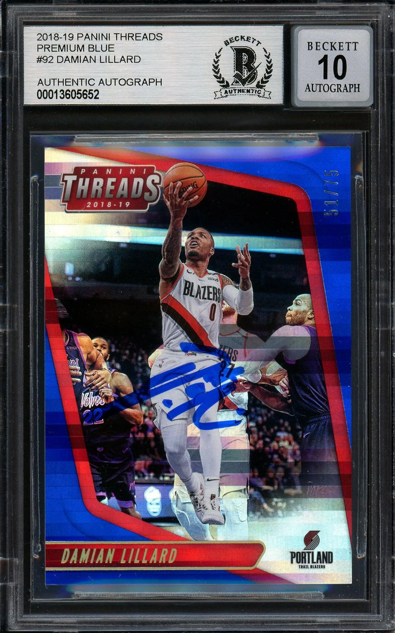 Damian Lillard Autographed 2018-19 Panini Threads Card #92 Portland Trail Blazers Auto Grade Gem Mint 10 #51/75 Beckett BAS #13605652