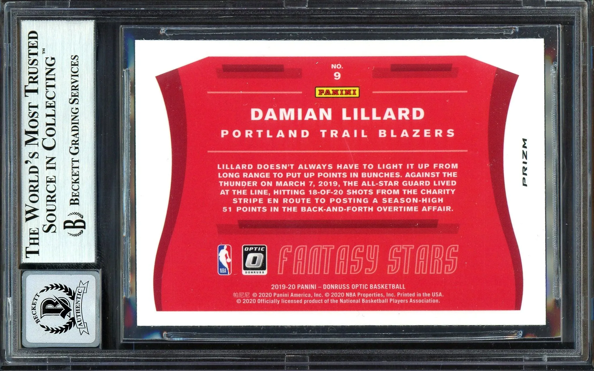 Damian Lillard Autographed 2019-20 Donruss Optic Fantasy Stars Card #9 Portland Trail Blazers Auto Grade Gem Mint 10 Beckett BAS #13605903