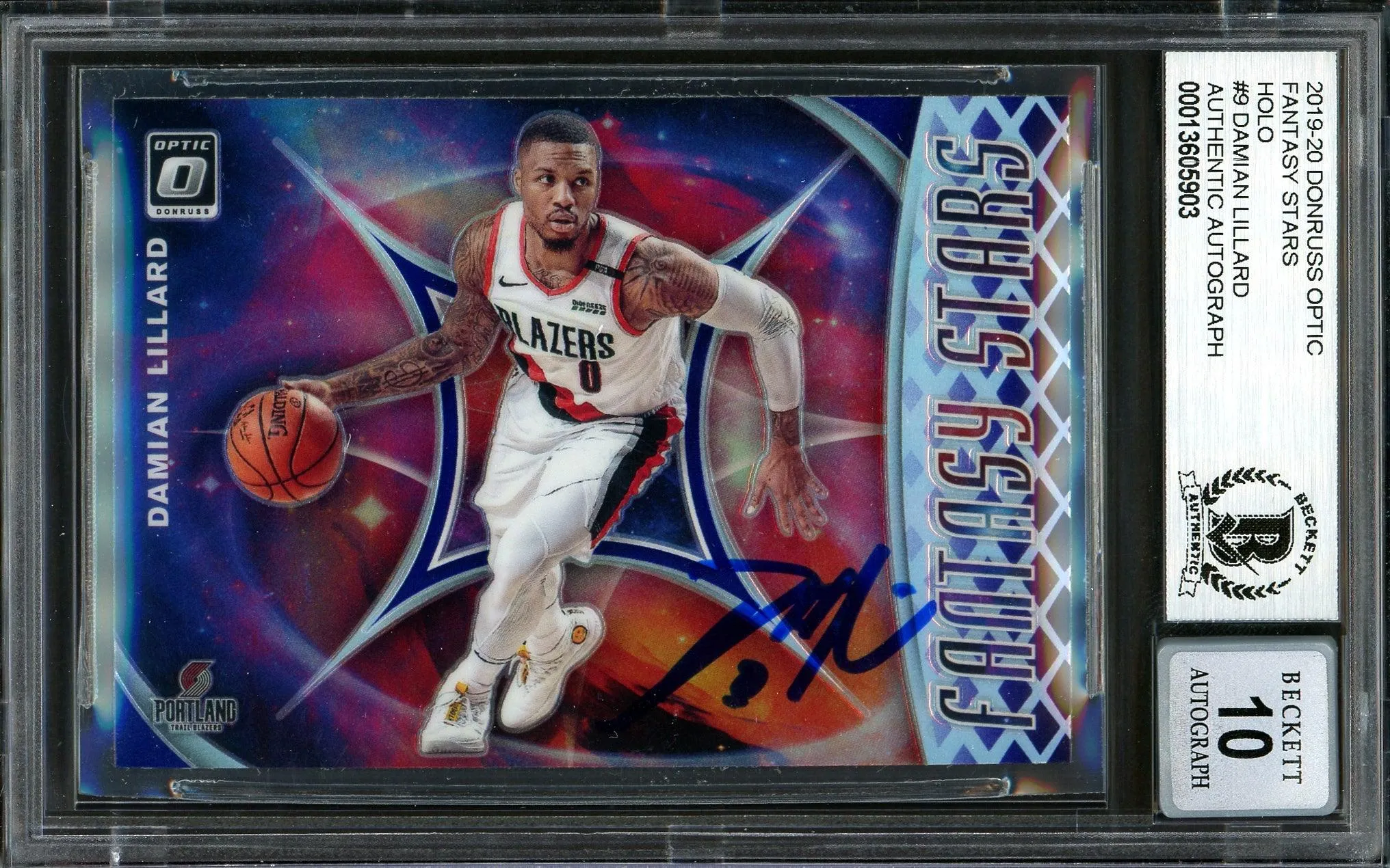 Damian Lillard Autographed 2019-20 Donruss Optic Fantasy Stars Card #9 Portland Trail Blazers Auto Grade Gem Mint 10 Beckett BAS #13605903