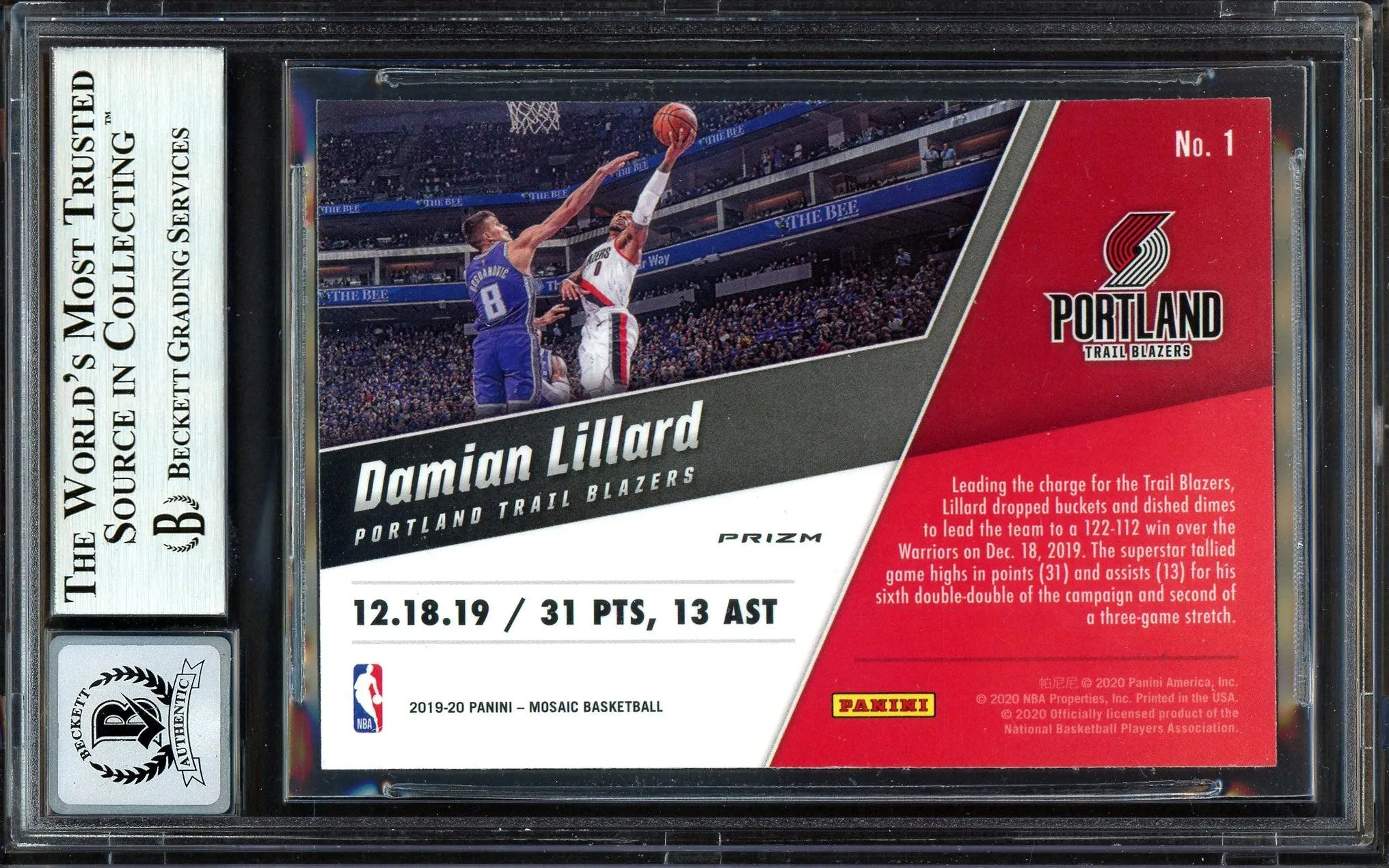 Damian Lillard Autographed 2019-20 Panini Mosaic Montage Card #1 Portland Trail Blazers Auto Grade Gem Mint 10 Beckett BAS #13605648