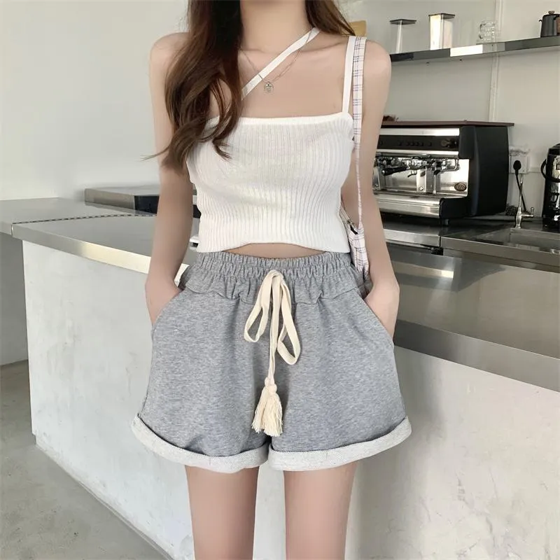 Drawstring Cotton Fashion Pocket Wide-Leg Shorts