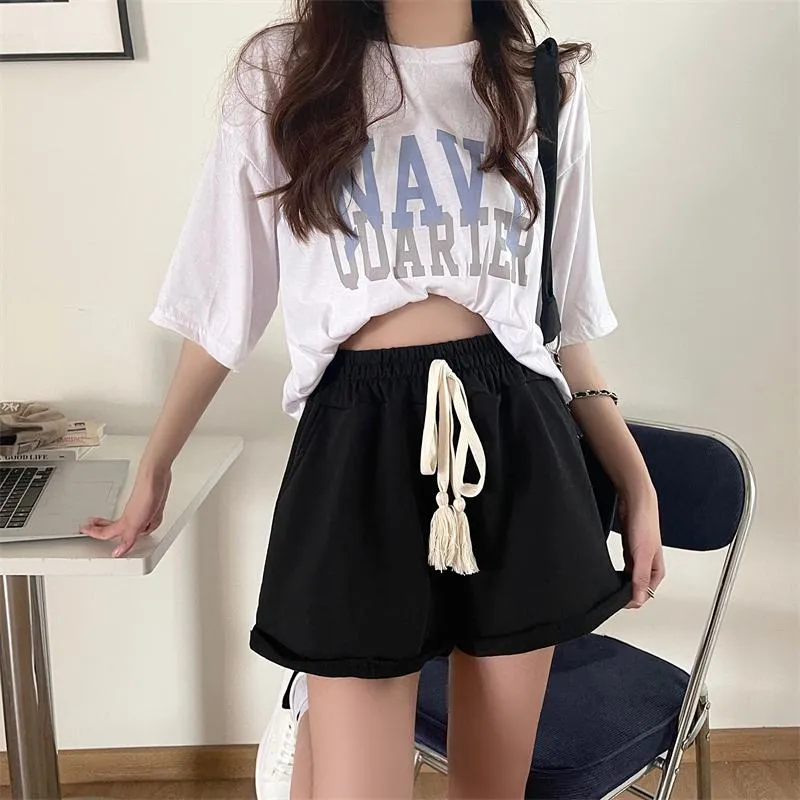 Drawstring Cotton Fashion Pocket Wide-Leg Shorts