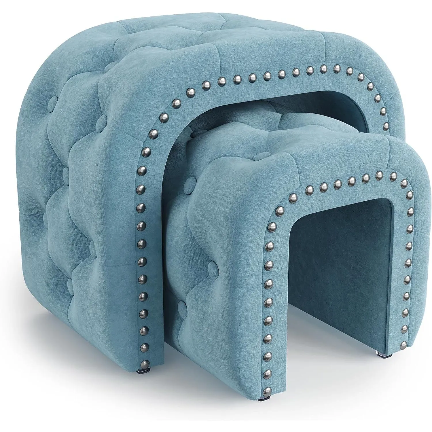 Heynemo Superjoe Velvet Ottoman Set of 2 Blue Vanity Chair Foot Stools, Upholstered Sofa Bench with Tufted Design for Entryways, Living Room, Makeup Room and Bedroom