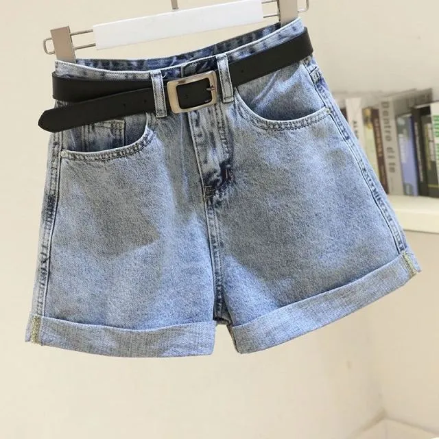 High Waist Women Blue Denim Shorts With Belt Casual Wide Leg Shorts