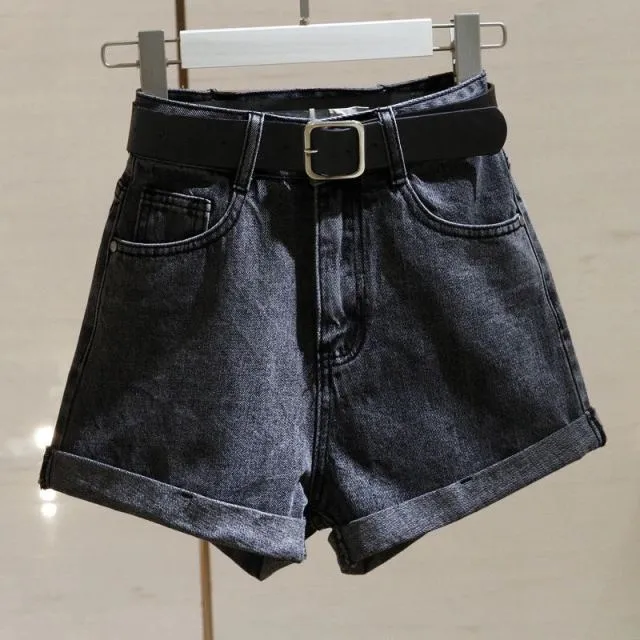 High Waist Women Blue Denim Shorts With Belt Casual Wide Leg Shorts