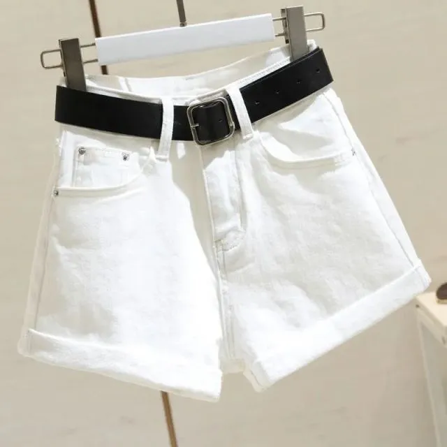 High Waist Women Blue Denim Shorts With Belt Casual Wide Leg Shorts