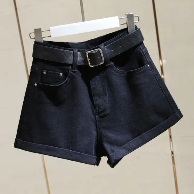 High Waist Women Blue Denim Shorts With Belt Casual Wide Leg Shorts