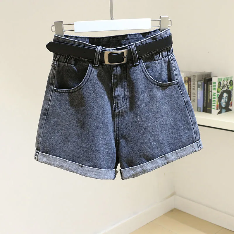 High Waist Women Blue Denim Shorts With Belt Casual Wide Leg Shorts