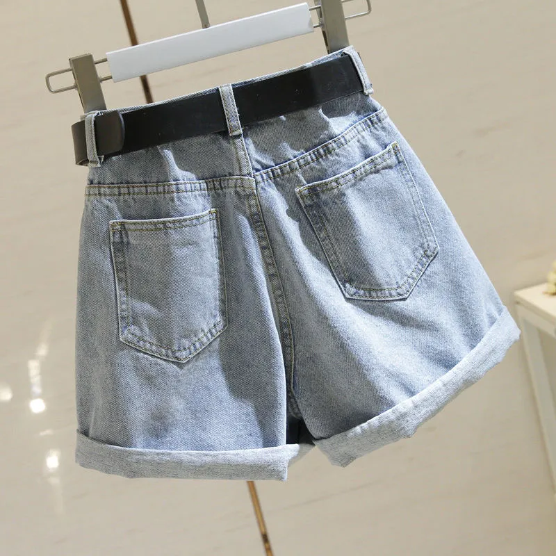 High Waist Women Blue Denim Shorts With Belt Casual Wide Leg Shorts