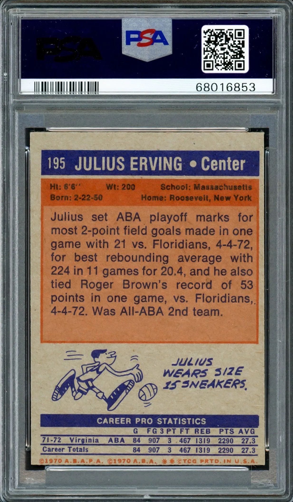 Julius Dr. J Erving Autographed 1972 Topps Rookie Card #195 PSA 5 Auto Grade Gem Mint 10 PSA/DNA #68016853