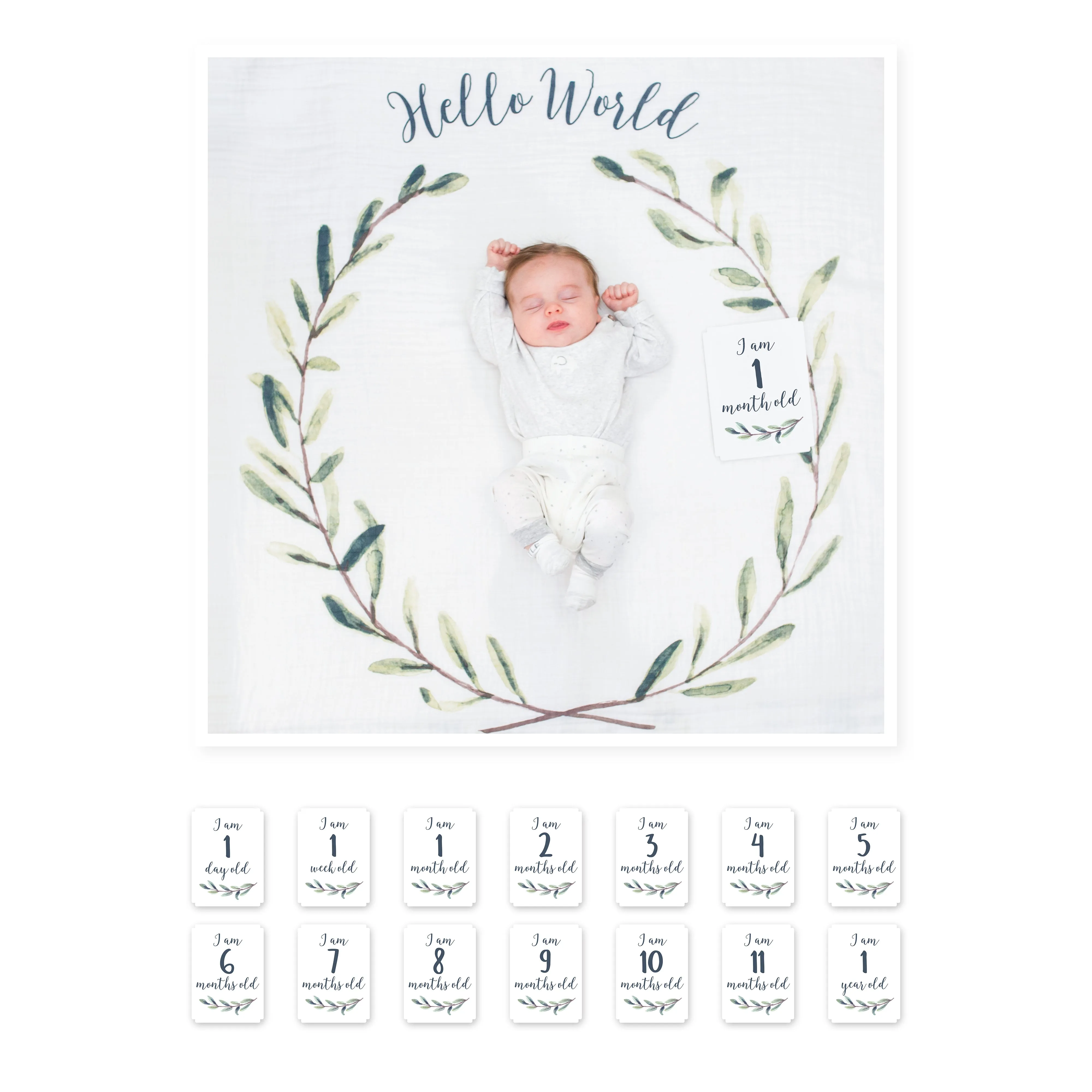 Large Cotton Swaddle and Milestone Cards 'Hello World'