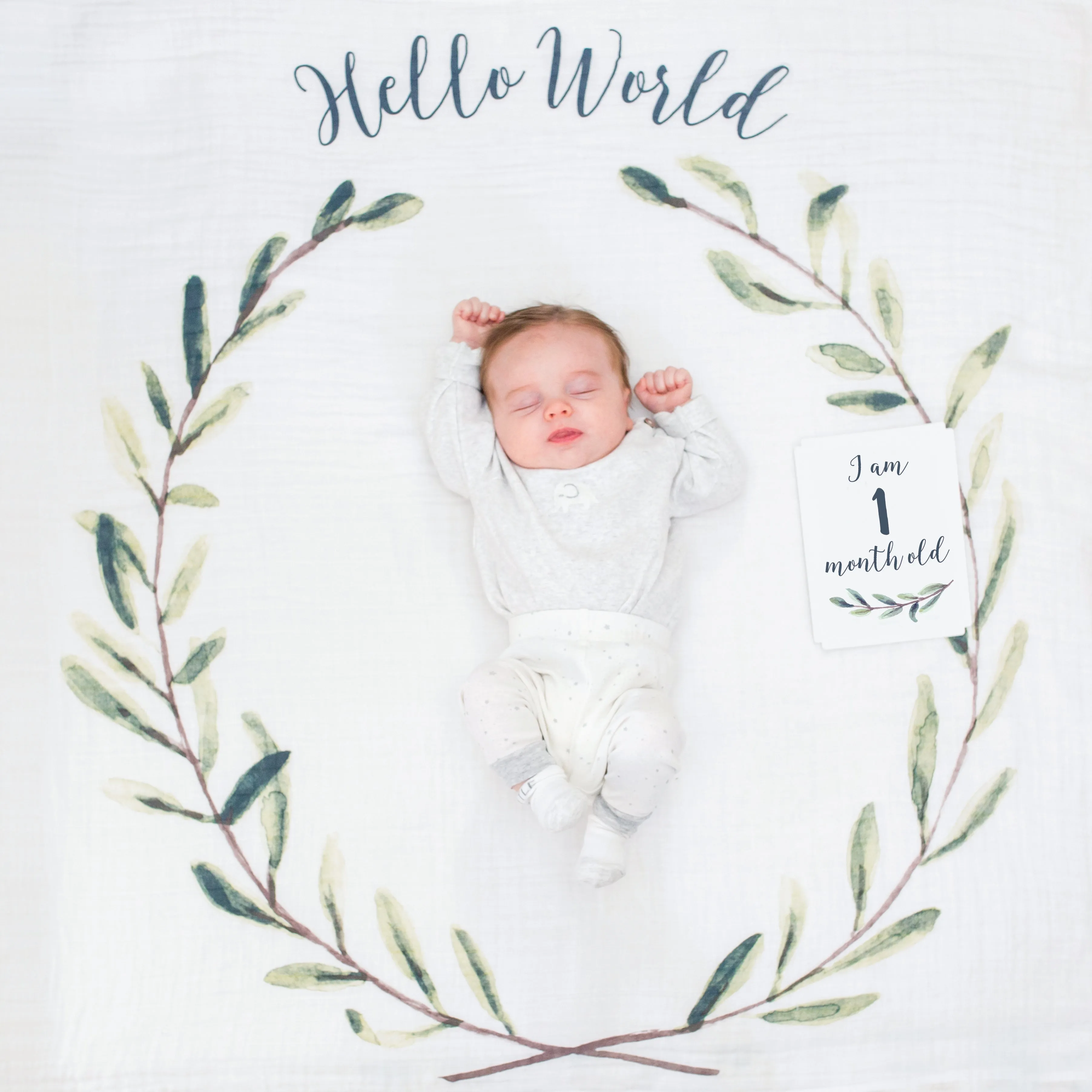 Large Cotton Swaddle and Milestone Cards 'Hello World'