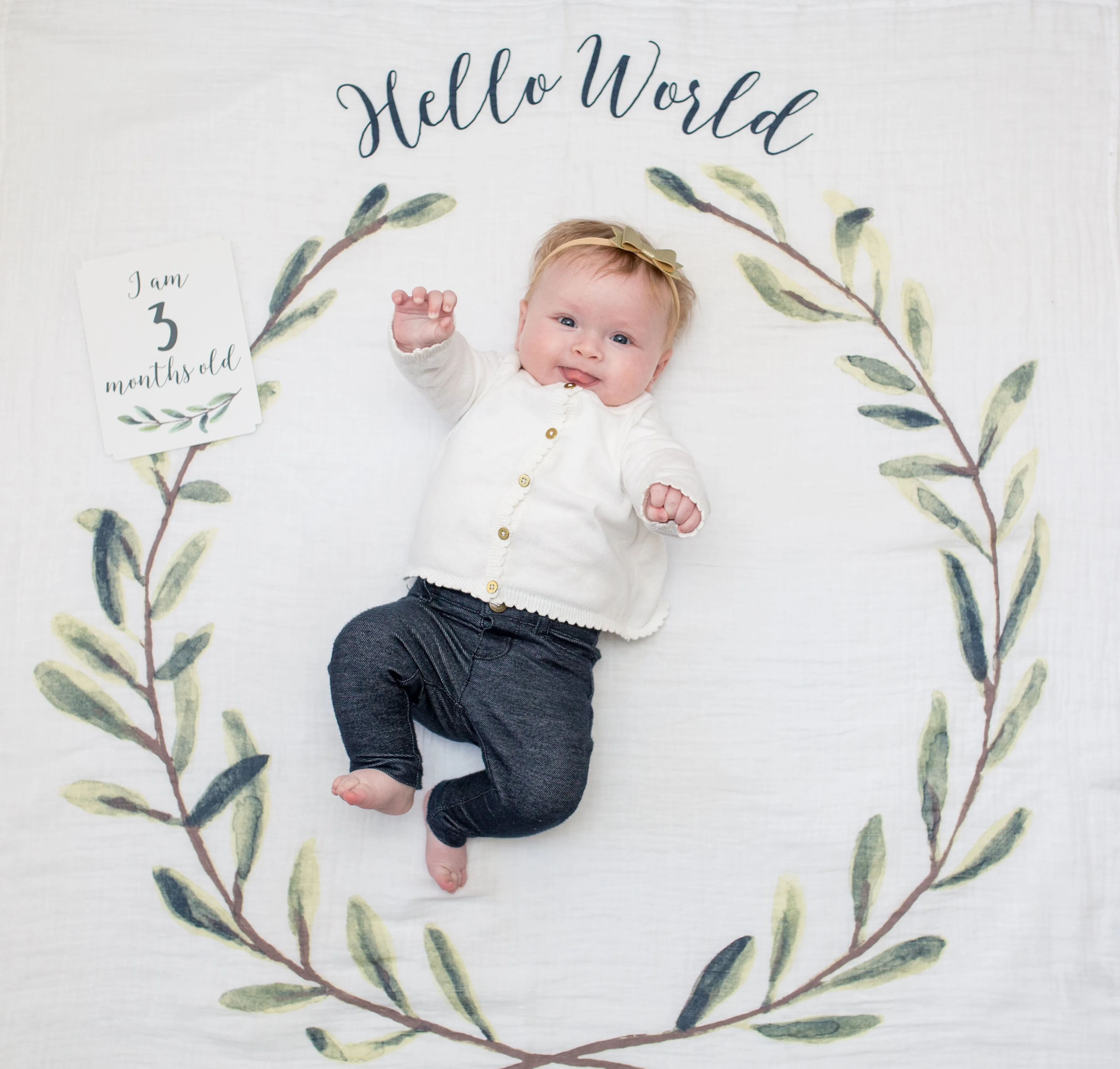 Large Cotton Swaddle and Milestone Cards 'Hello World'