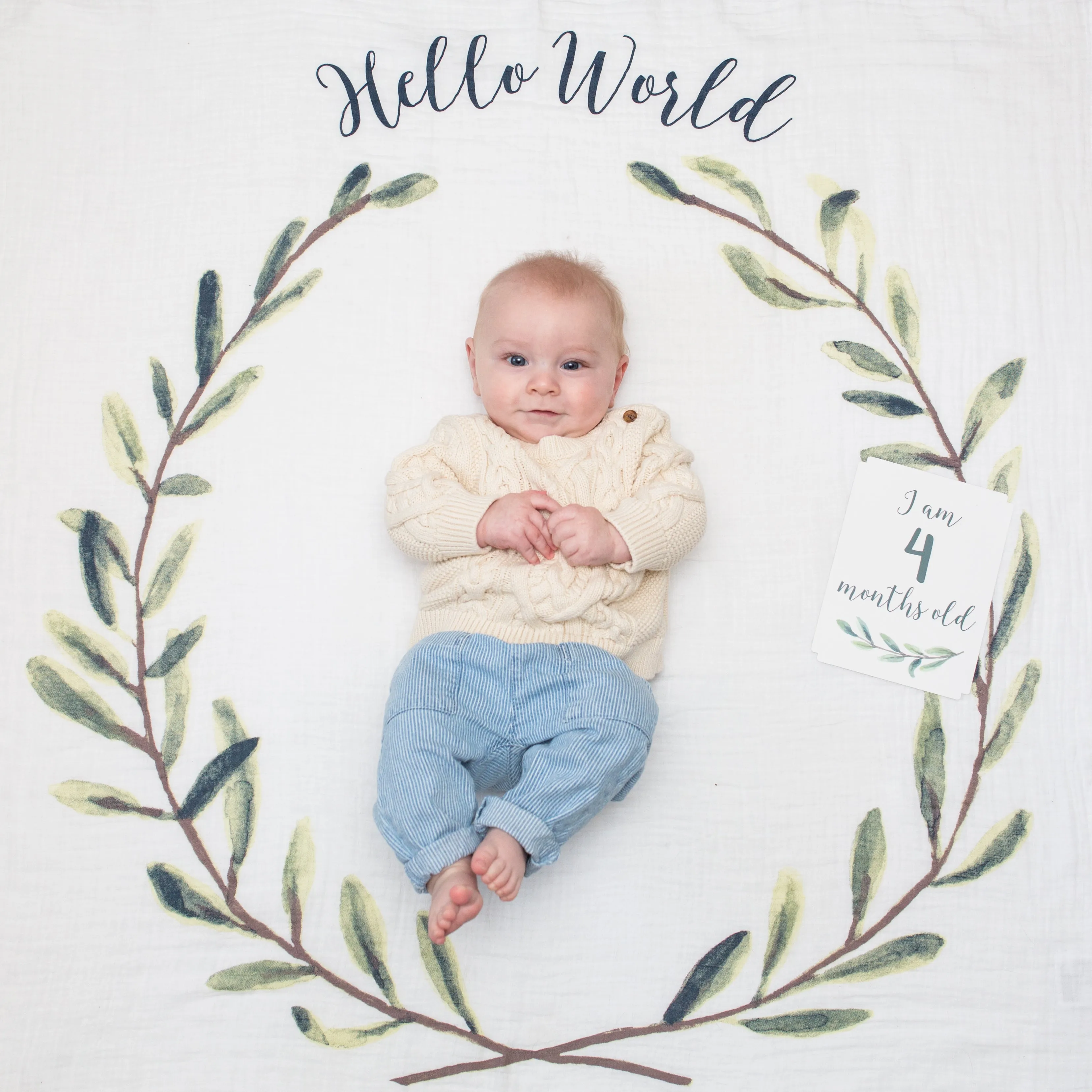 Large Cotton Swaddle and Milestone Cards 'Hello World'