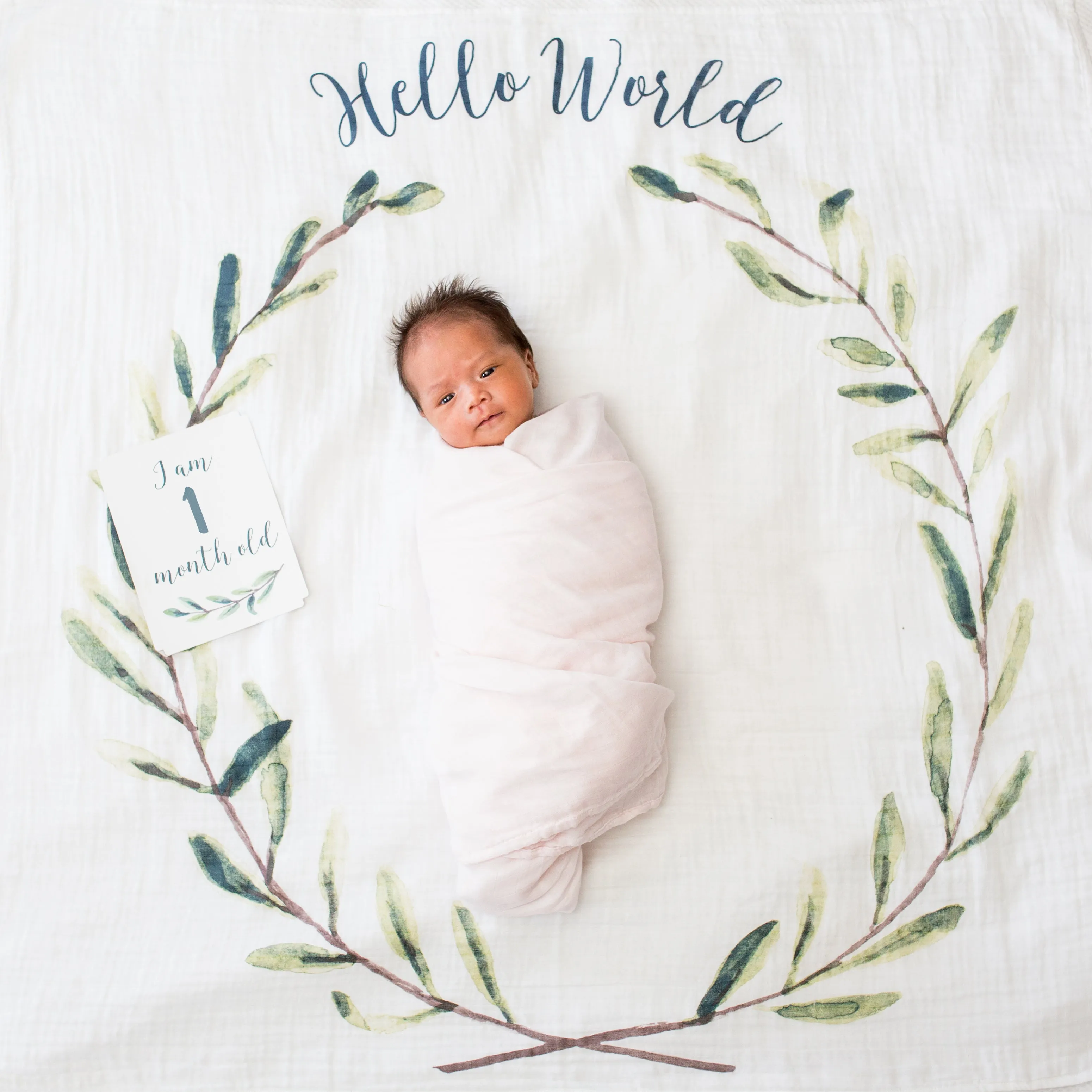 Large Cotton Swaddle and Milestone Cards 'Hello World'