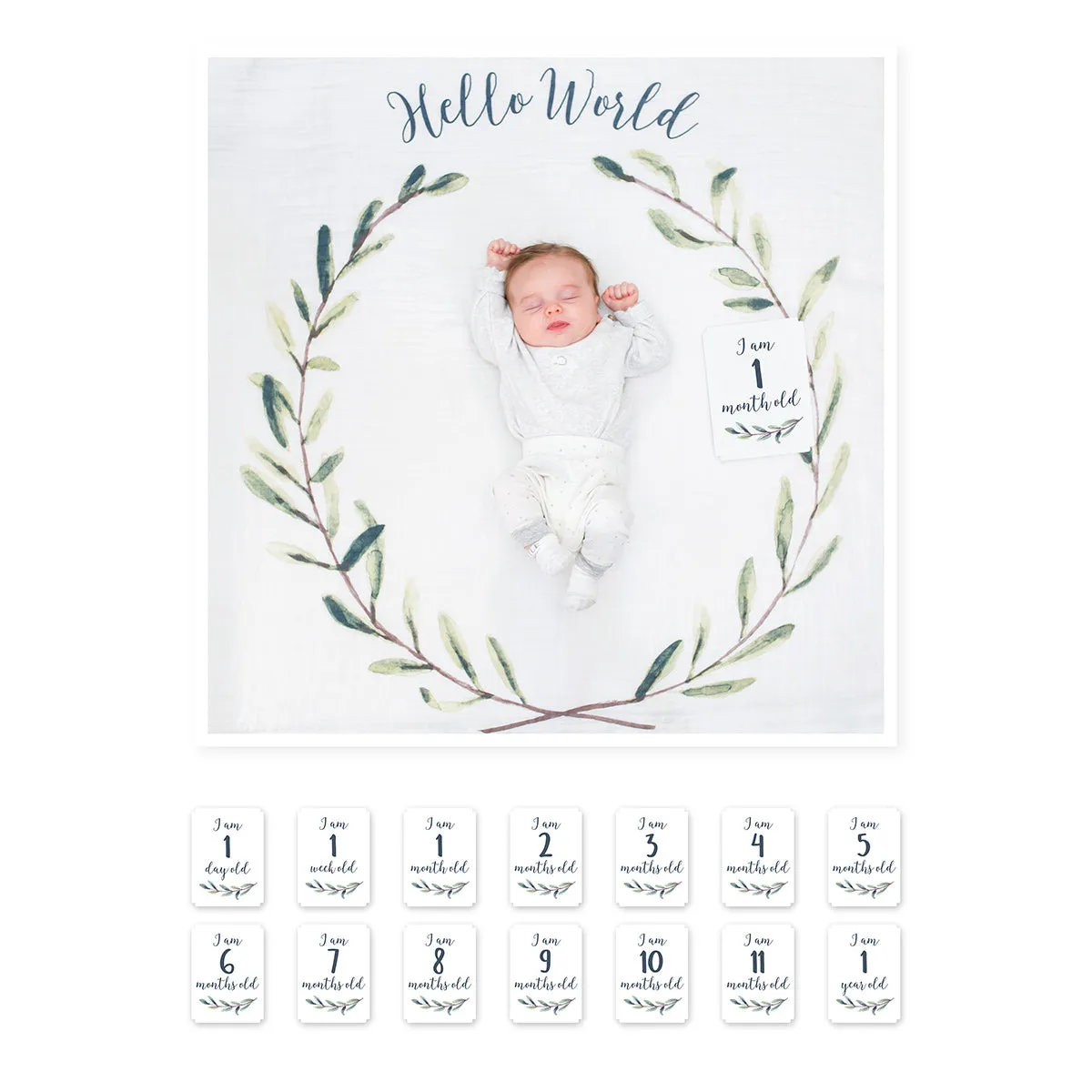 Large Cotton Swaddle and Milestone Cards 'Hello World'