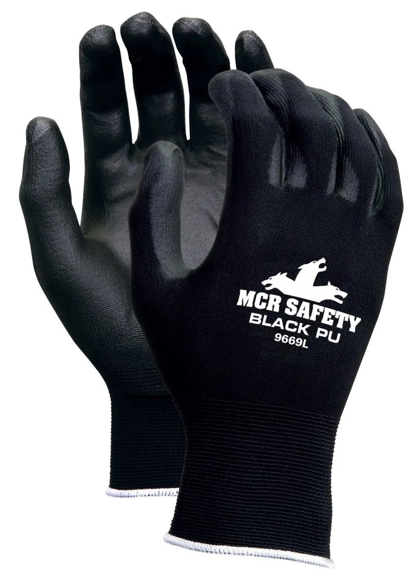 MCR Safety VP9669 13 Gauge Nylon Shell PU Coated Work Gloves, Black Color, 1 Pair