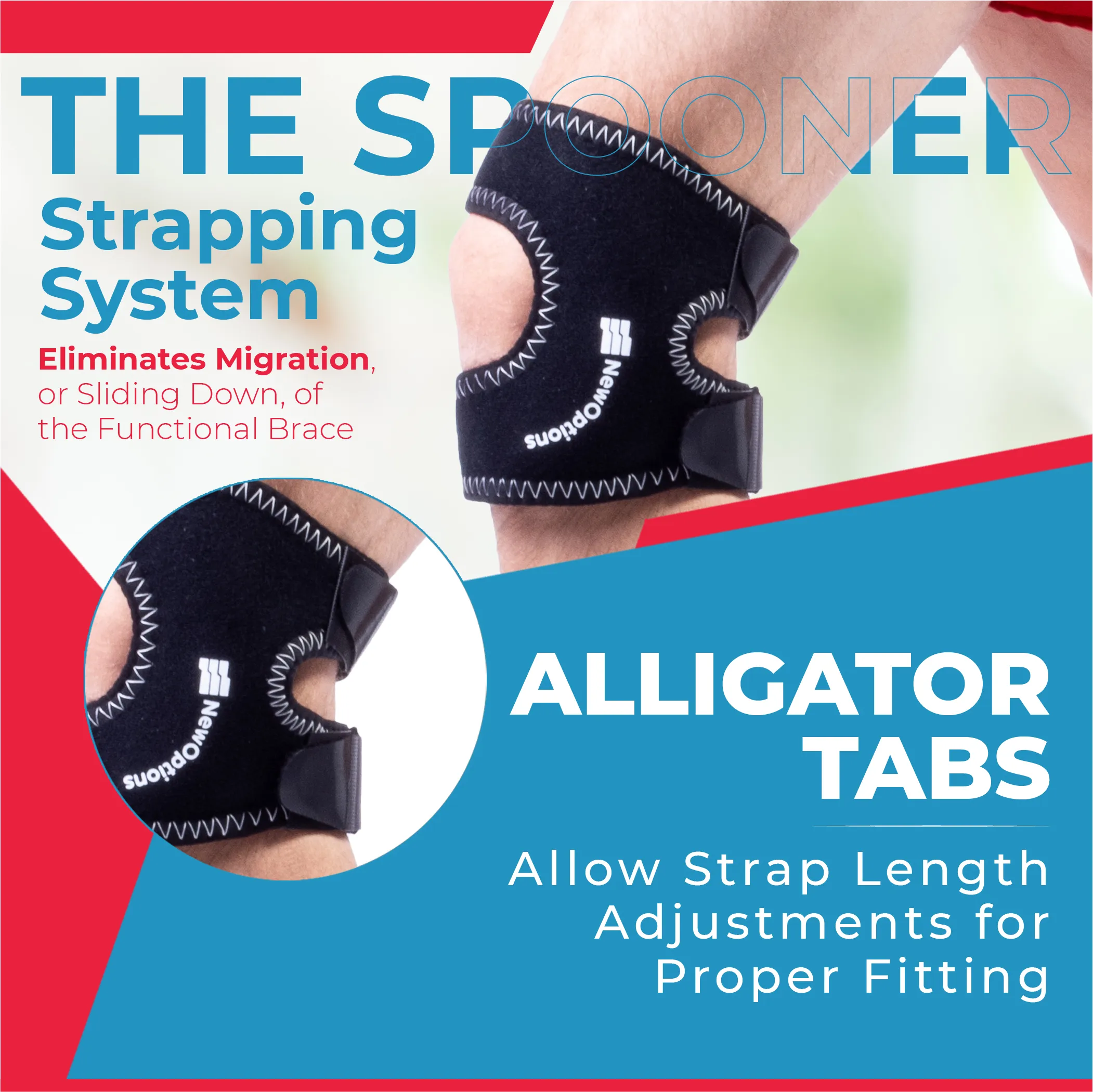 "The Spooner": Patella Stabilizing Strapping System. Controls medial patella Meniscus Ligament (MPML) and Medial Femoral Ligament (MPFL) (K199)