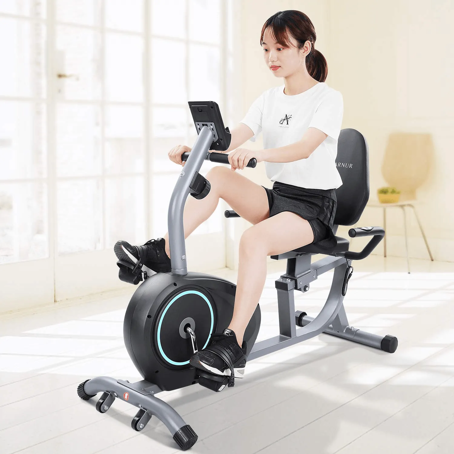 Recumbent Exercise Bike Indoor Cycling Stationary Magnetic Home with 8 Levels Adjustable Resistance with LCD Monitor & Pad Holder for Men and Women