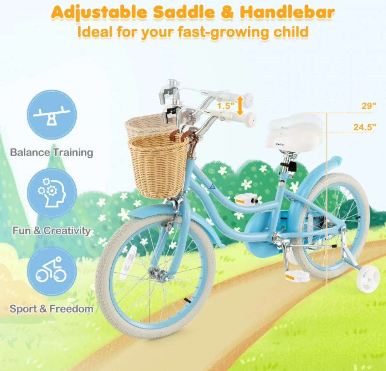 Super Awesome Children’s 18” Pedal Bicycle Bike Adjustable Handlebars, Seat | Removable Training Wheels | Ages 4-8 | Brakes | Easy Assembly | Heavy-duty