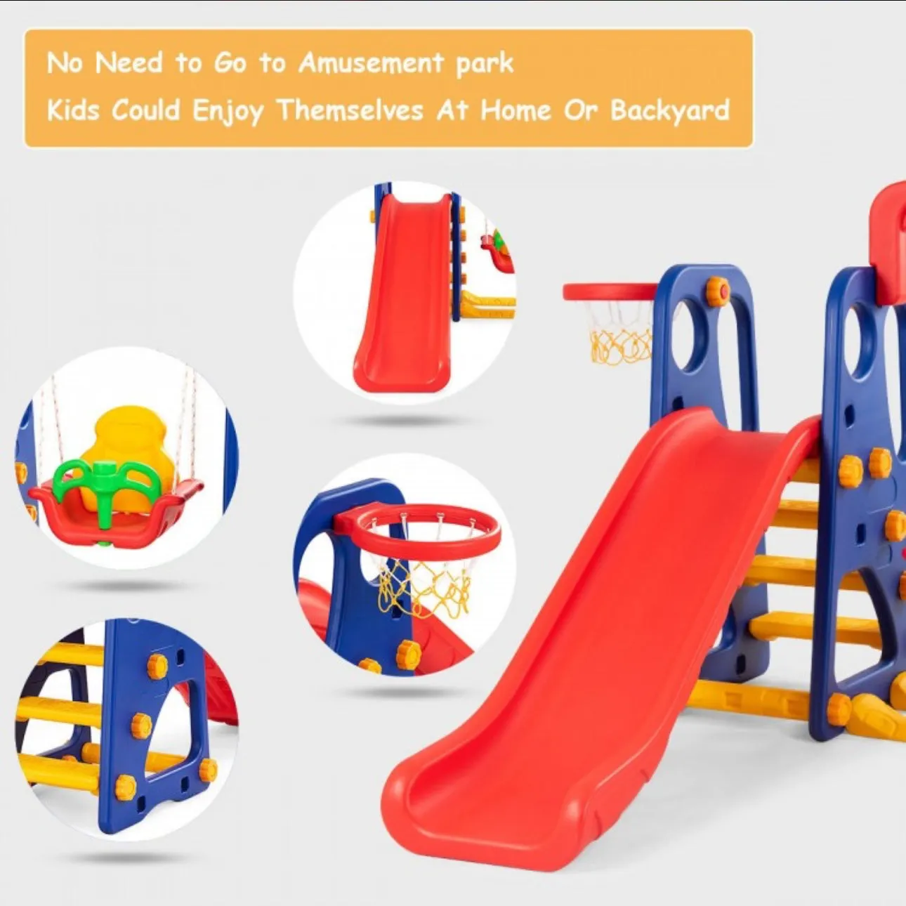 Super Fun 3-in-1 Very Colourful Children Playground Set | Slide | Climbing Stairs | Basketball Net | Swing