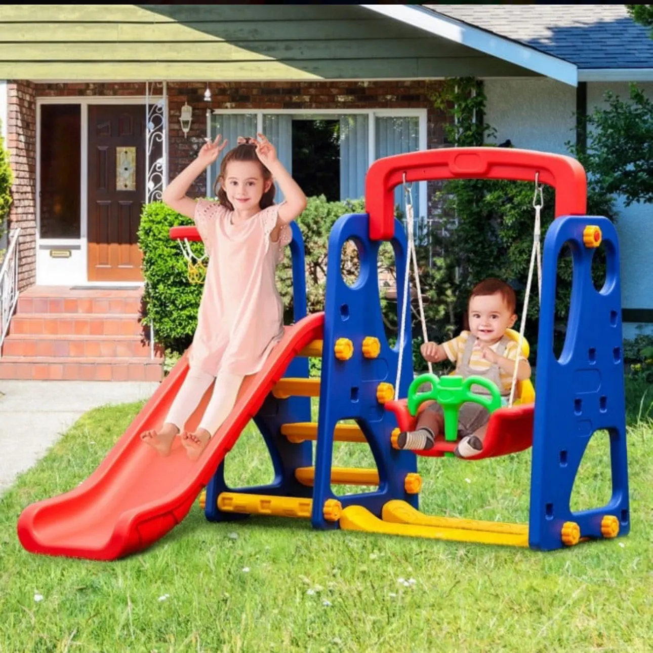 Super Fun 3-in-1 Very Colourful Children Playground Set | Slide | Climbing Stairs | Basketball Net | Swing