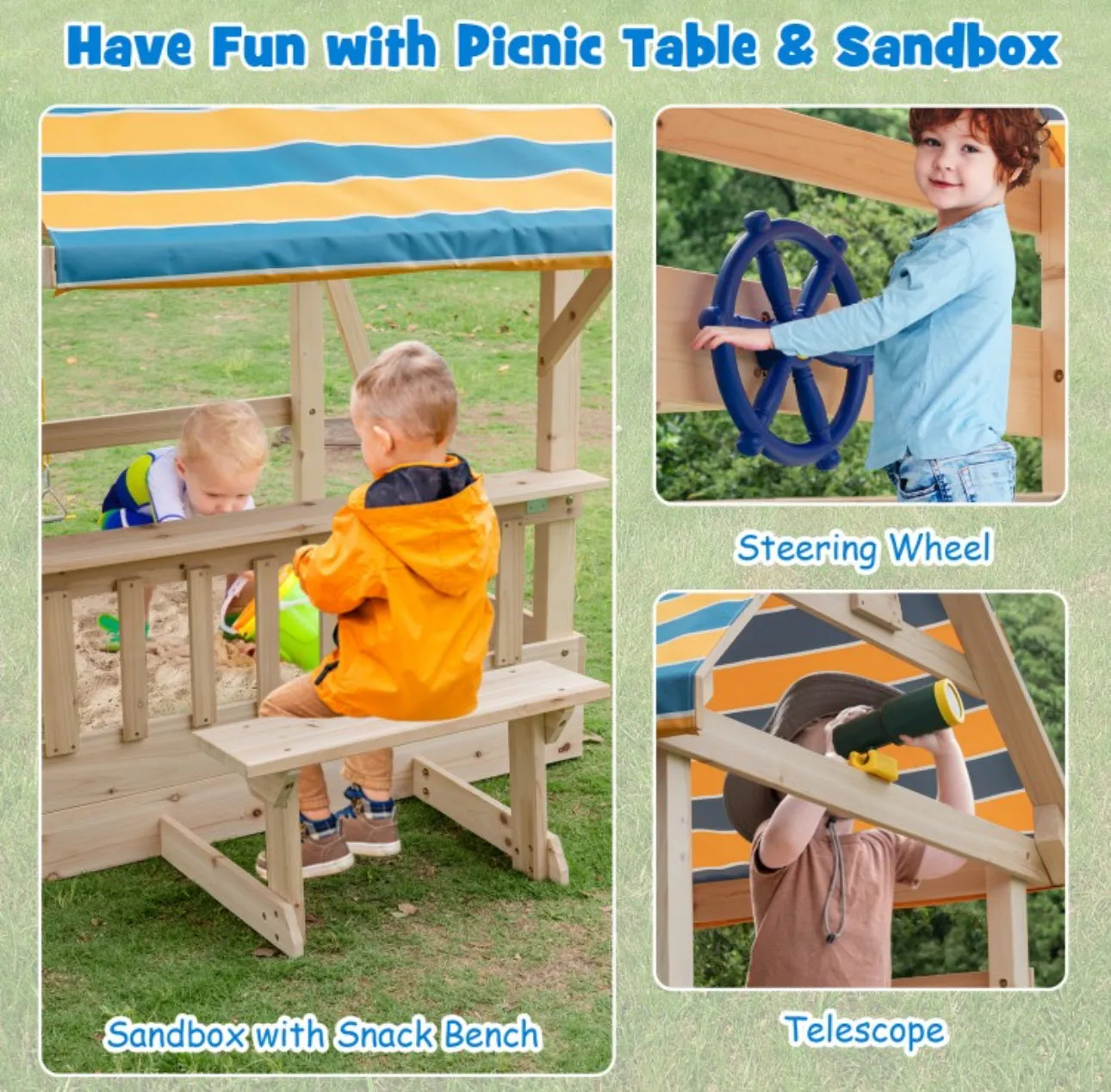 Super Fun Heavy-duty Playground For Children | 3 Swings | Monkey Bars | Climbing | Slide | Tree House Top Deck | Steering Wheel | Telescope | Sandbox | Bench | Awning