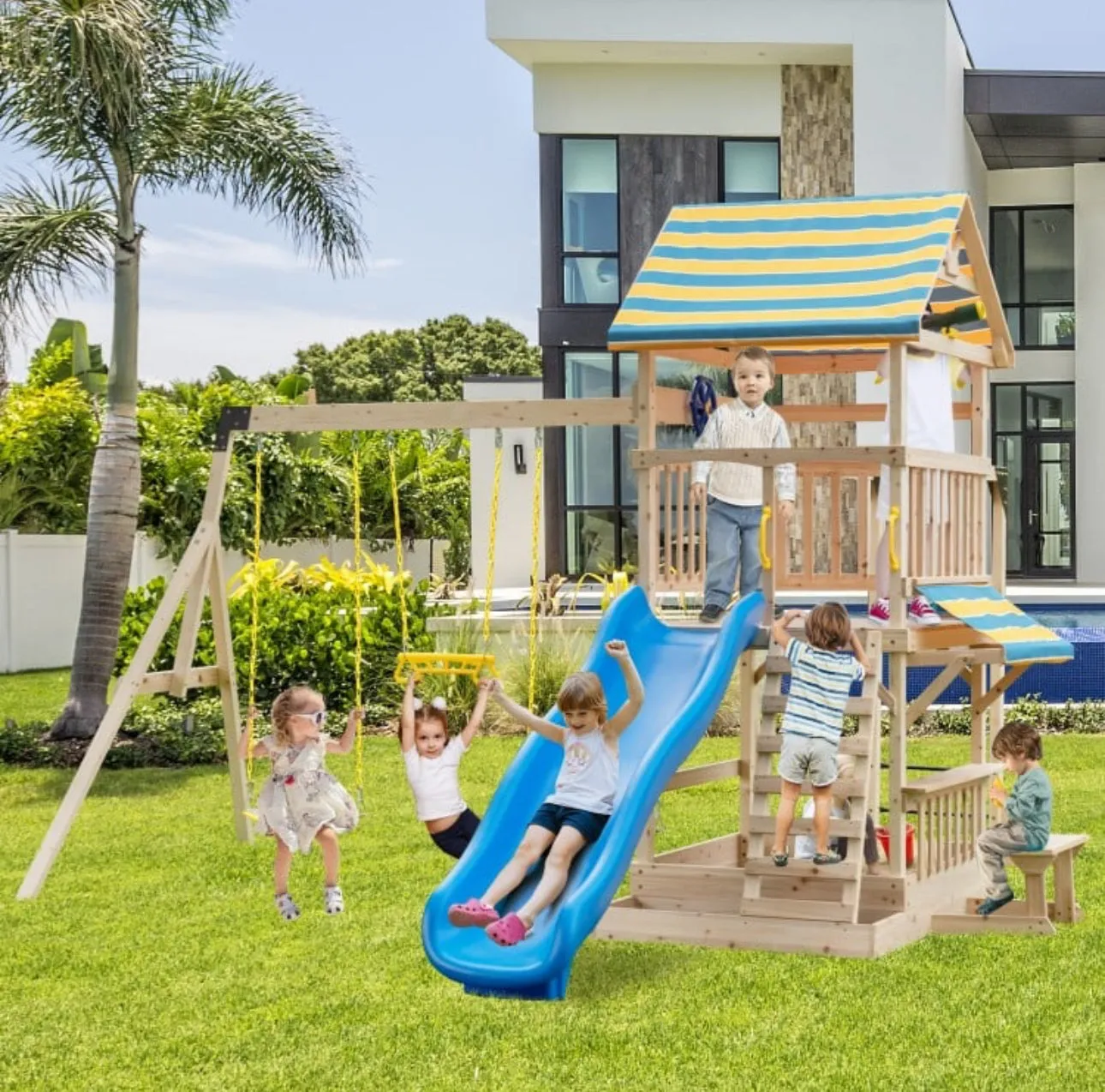 Super Fun Heavy-duty Playground For Children | 3 Swings | Monkey Bars | Climbing | Slide | Tree House Top Deck | Steering Wheel | Telescope | Sandbox | Bench | Awning