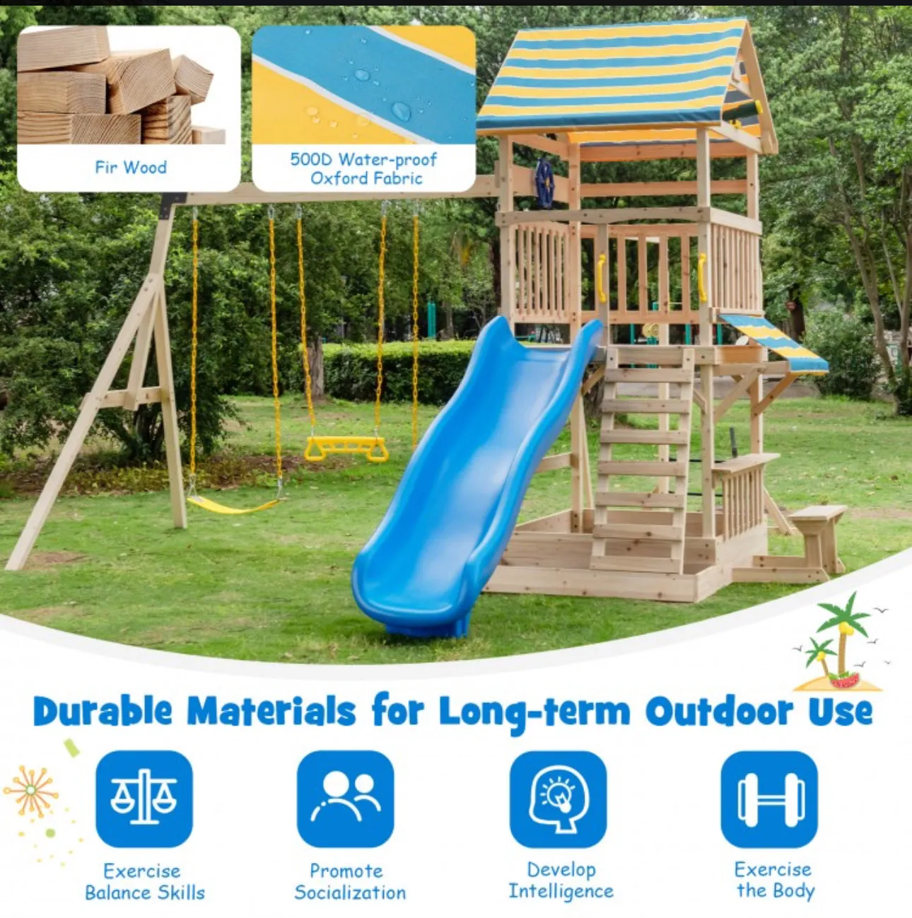 Super Fun Heavy-duty Playground For Children | 3 Swings | Monkey Bars | Climbing | Slide | Tree House Top Deck | Steering Wheel | Telescope | Sandbox | Bench | Awning