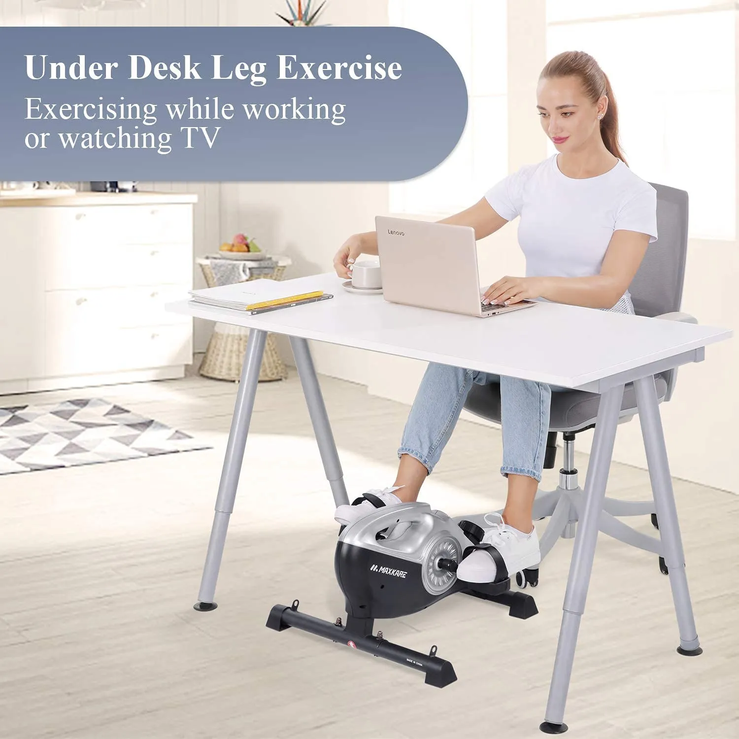 Under Desk Bike Pedal Exerciser 2 in 1 Stationary Magnetic Exercise Bike with LCD Monitor for Arm Leg Body Workout for Men and Women at Home and Office (Resistance Bands Included)