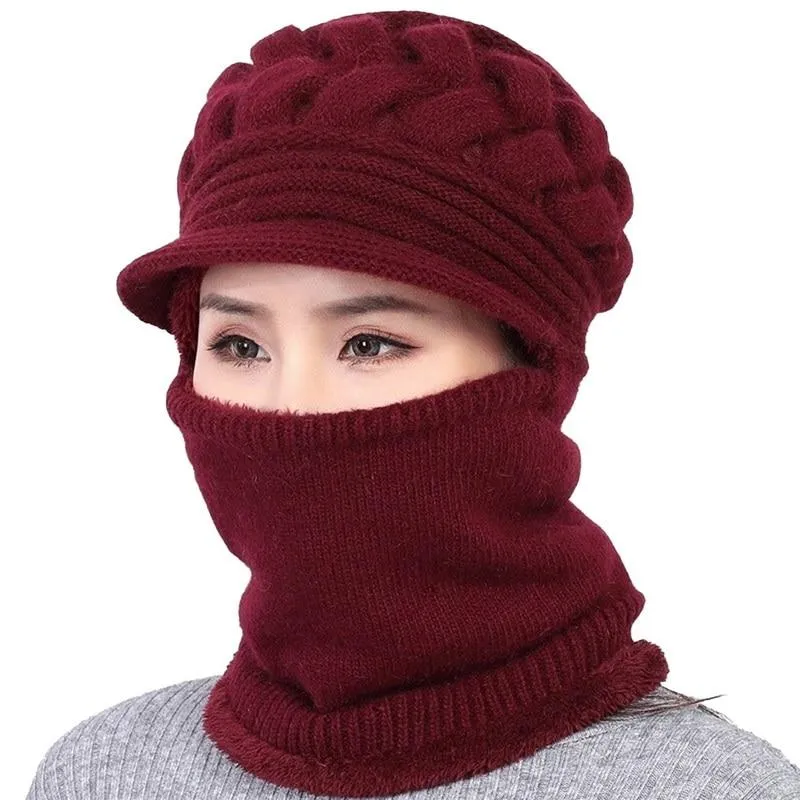 Unisex Fleece Breathable Wool Knitted  Winter Hat Beanies Scarf