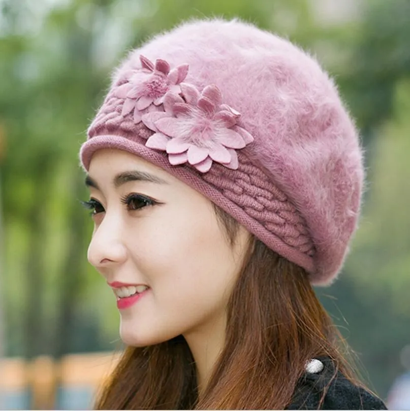 Women Knitted Winter Rabbit Fur Beret Hats