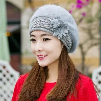 Women Knitted Winter Rabbit Fur Beret Hats