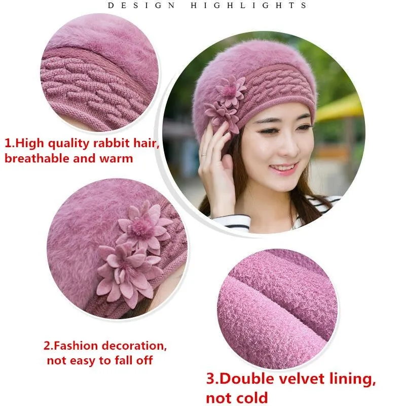 Women Knitted Winter Rabbit Fur Beret Hats