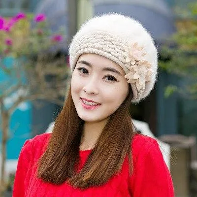 Women Knitted Winter Rabbit Fur Beret Hats