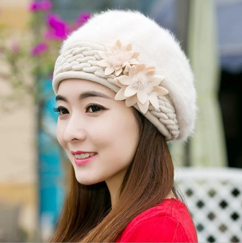 Women Knitted Winter Rabbit Fur Beret Hats