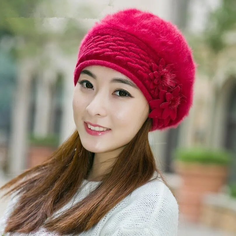 Women Knitted Winter Rabbit Fur Beret Hats