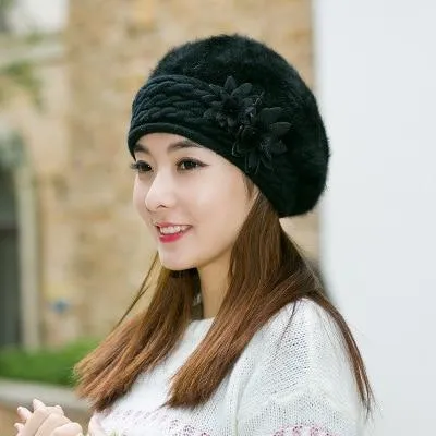 Women Knitted Winter Rabbit Fur Beret Hats