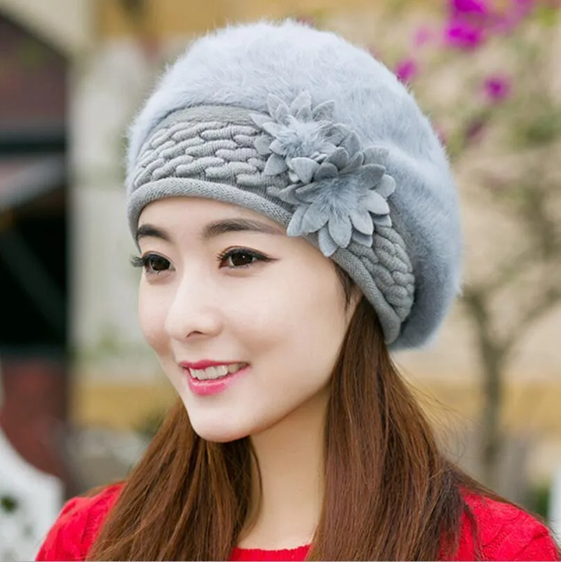 Women Knitted Winter Rabbit Fur Beret Hats