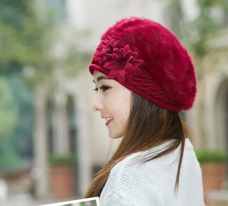 Women Knitted Winter Rabbit Fur Beret Hats