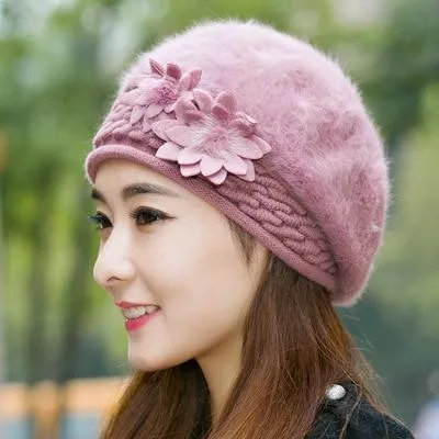 Women Knitted Winter Rabbit Fur Beret Hats