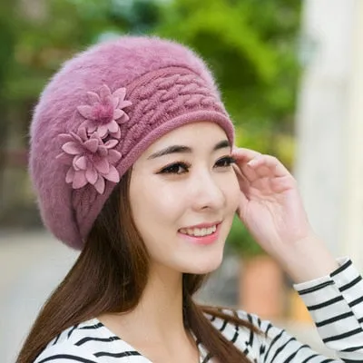 Wool Fur Lilies Flower Casual Warm Knitted Winter Beanie