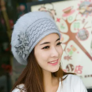 Wool Fur Lilies Flower Casual Warm Knitted Winter Beanie